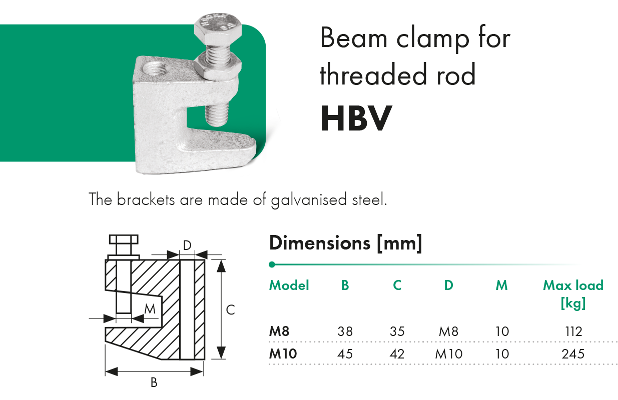 Beam clamp for threaded rod HBV HAVACO catalogue card