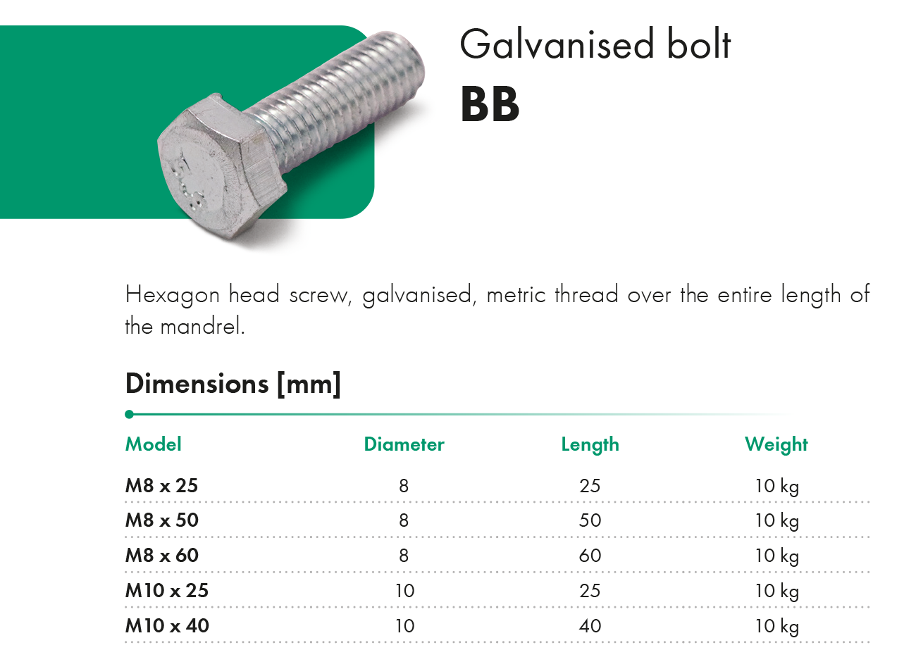 Galvanise bolt BB HAVACO catalogue card