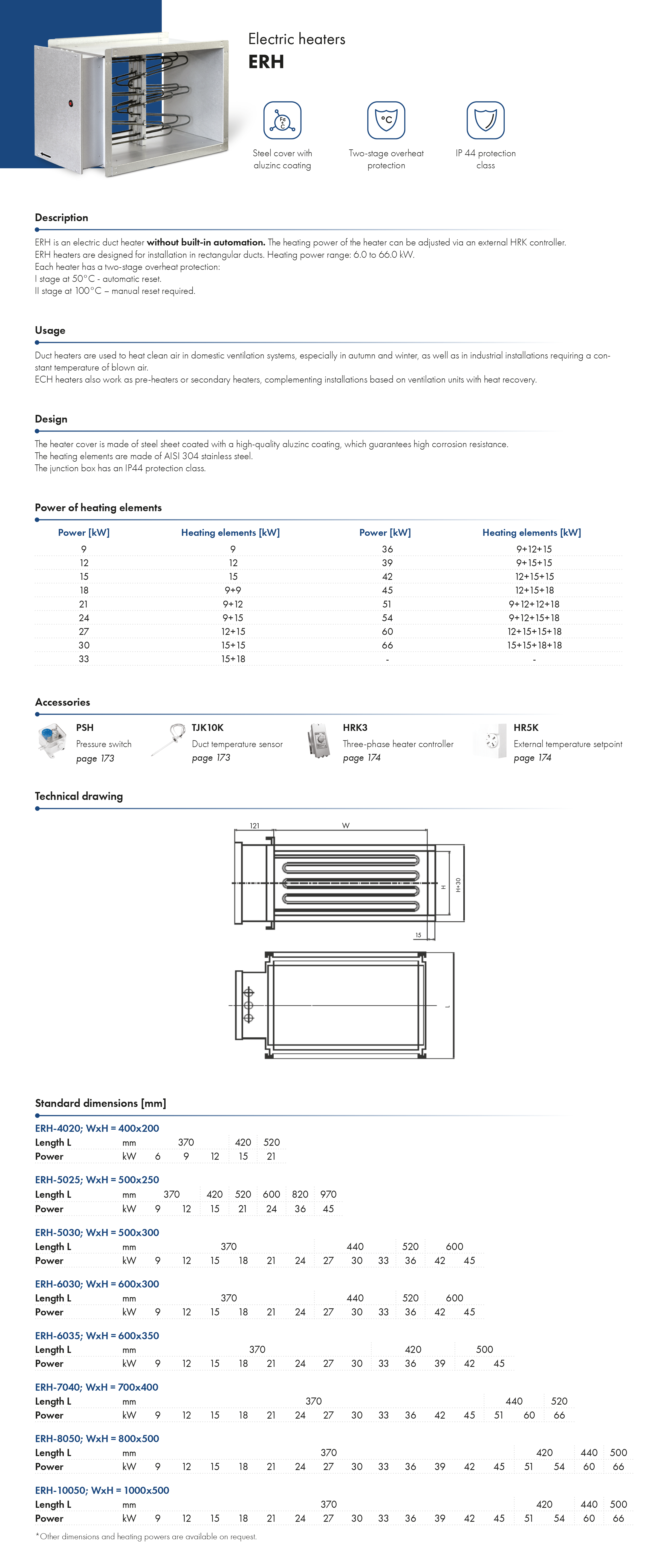 Electric heaters ERH HAVACO catalogue card