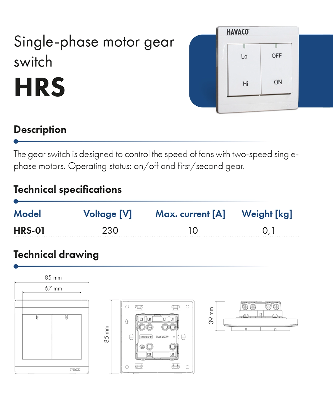 Single phase motor gear switch HRS havaco catalogue card