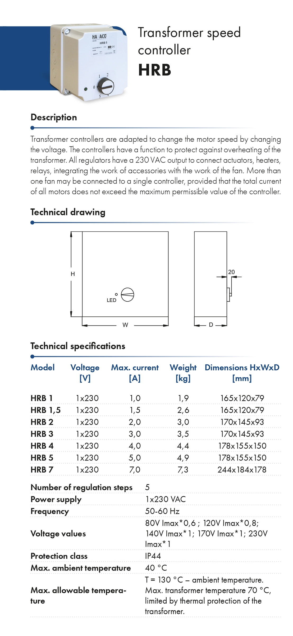 transformer speed controller HRB havaco card catalogue