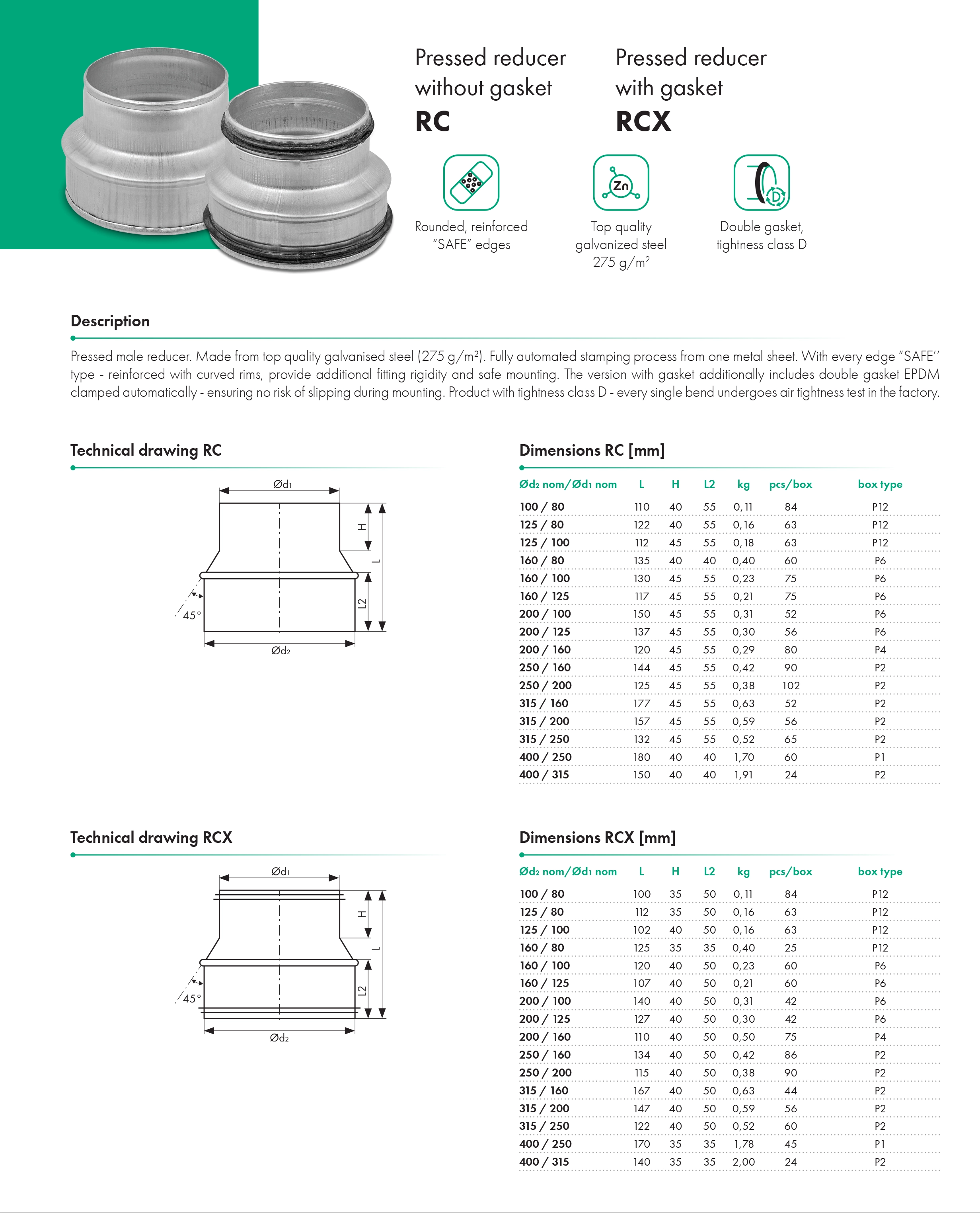 Pressed reducer without gasket RC and with gasket  RCX- HAVACO, Ventia - catalogue card