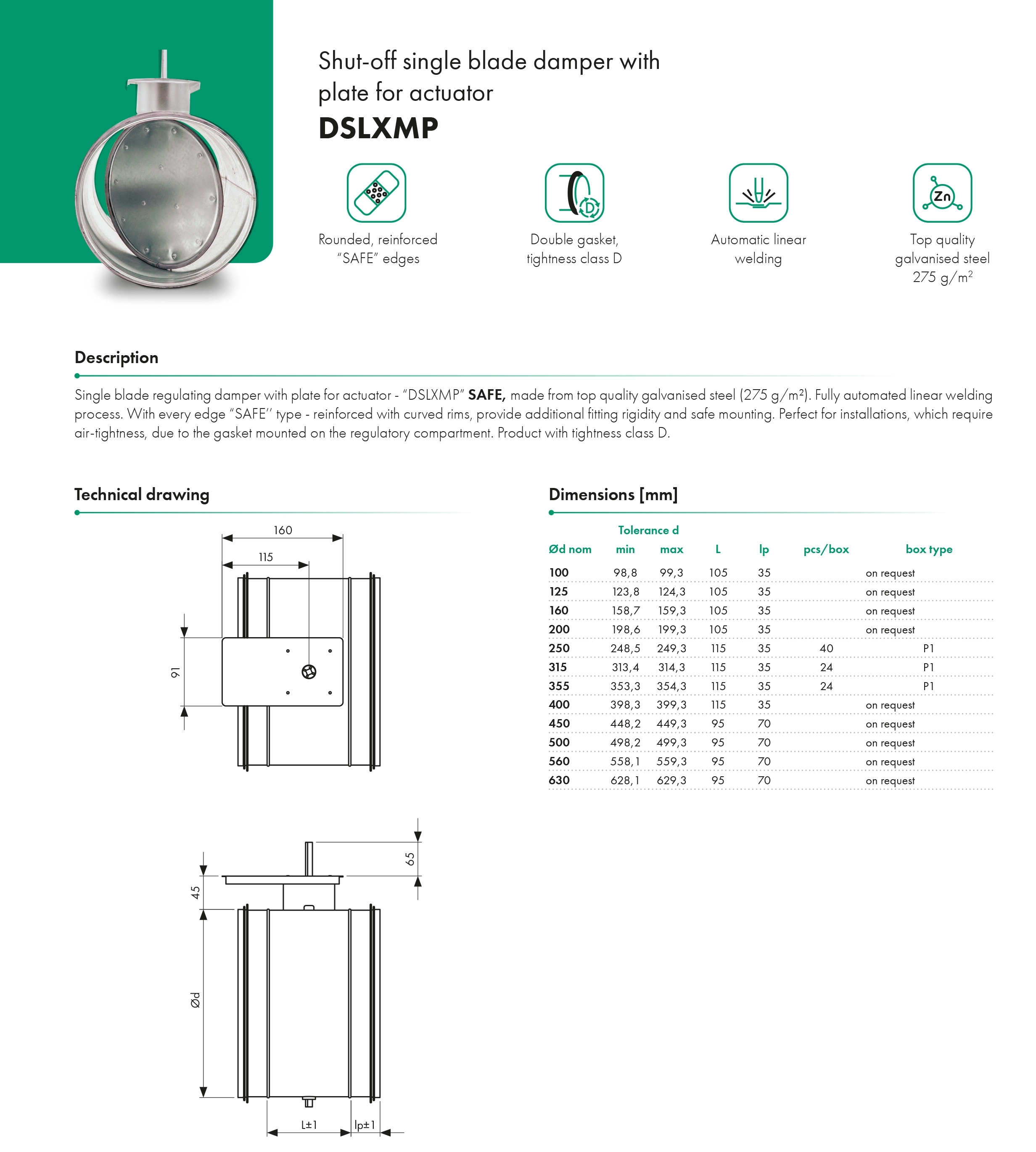 Shut-off single blade damper with plate for actuator DSLXMP-